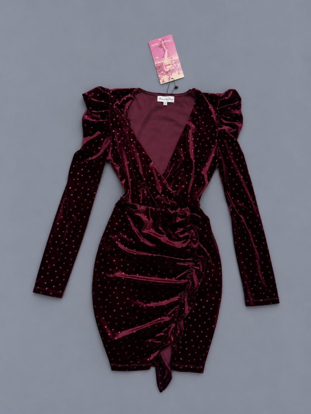 Emerald Sundae Burgundy Velvet Glitter Ruched Mini Dress – Size S NWT